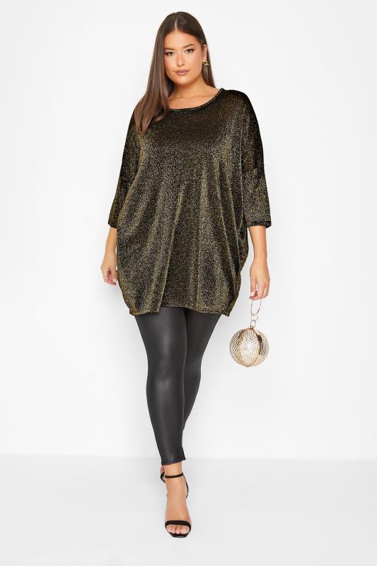 Curve Gold & Black Glitter Drop Shoulder Top | Yours Clothing 2