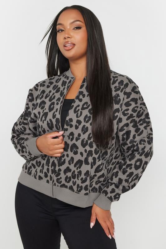 YOURS Plus Size Grey Leopard Print Oversized Sweat Bomber Jacket | Yours Clothing 1