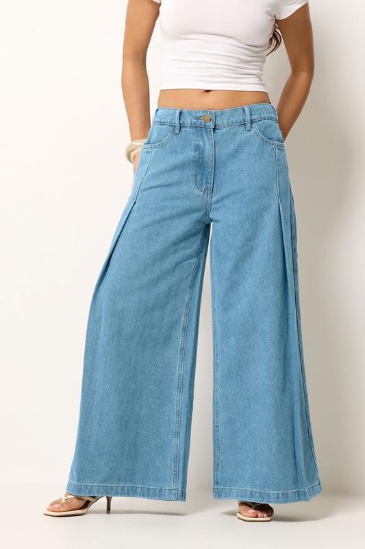 PixieGirl Petite Women's Mid Blue Pleated Palazzo Wide Leg Jeans | PixieGirl 1