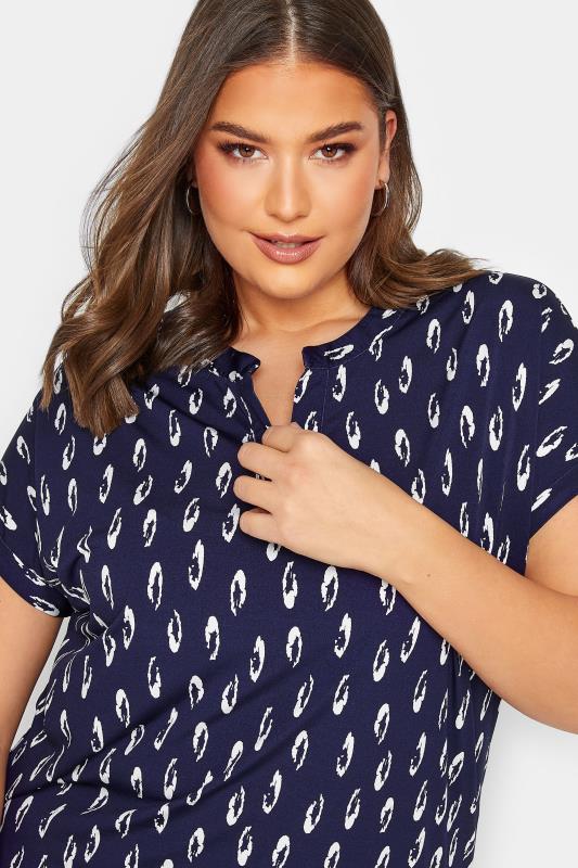 YOURS Plus Size Curve Navy Blue Animal Print Half Placket Blouse | Yours Clothing  4