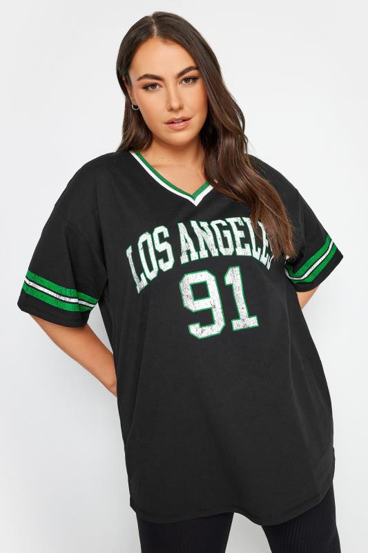 YOURS Plus Size Black 'Los Angeles' Slogan Varsity T-Shirt | Yours Clothing 2