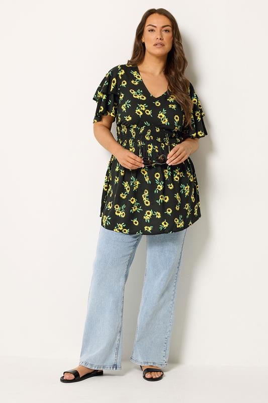 YOURS Plus Size Black Sunflower Print Flutter Sleeve Top | Yours Clothing 1