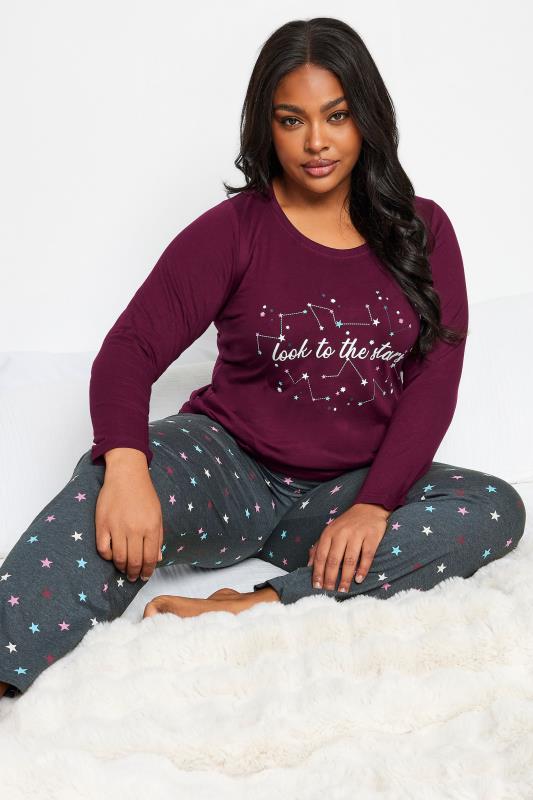 YOURS Plus Size Wine Red 'Look At The Stars' Star Print Pyjama Set | Yours Clothing 4