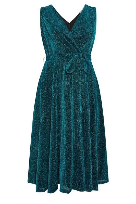 YOURS LONDON Plus Size Green Metallic Wrap Skater Dress | Yours Clothing 5