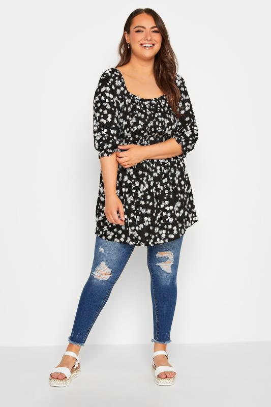 YOURS Plus Size Black Floral Crinkle Shirred Tunic Top | Yours Clothing 2