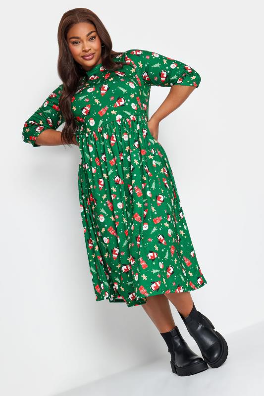 Plus Size  LIMITED COLLECTION Curve Green Santa Print Christmas Smock Dress