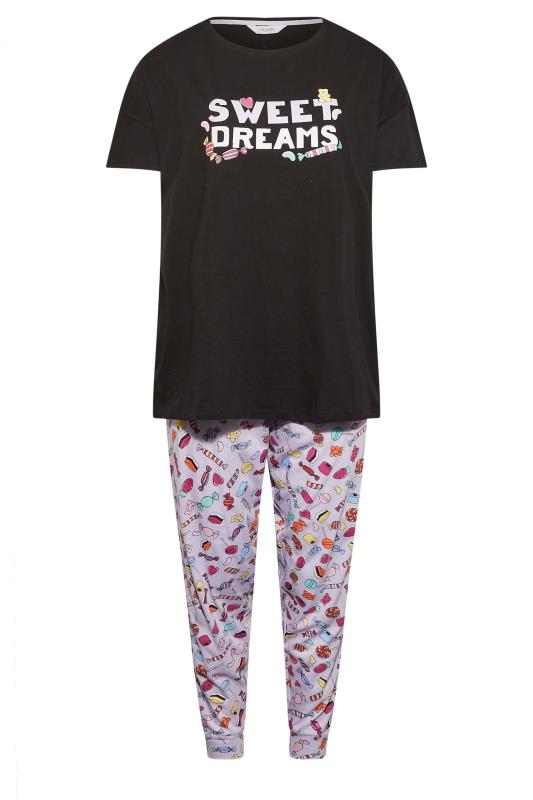 Plus Size Black & Purple 'Sweet Dreams' Cuffed Cotton Pyjama Set | Yours Clothing 6