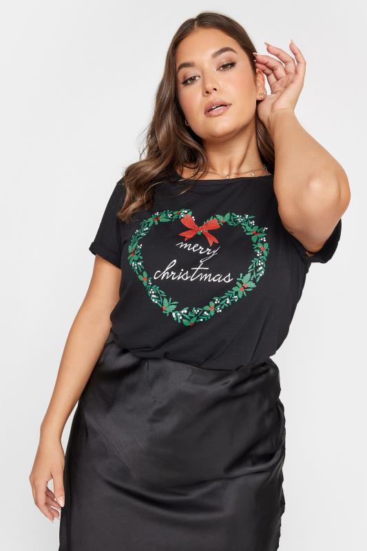 YOURS Plus Size 2 PACK Black 'Merry Christmas' Slogan Christmas T ...