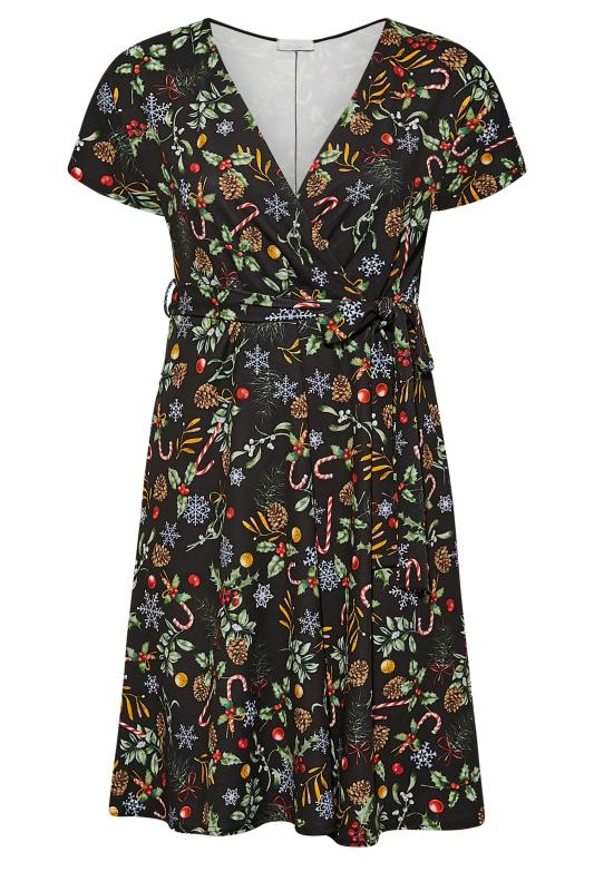 YOURS LONDON Plus Size Black Christmas Print Wrap Skater Dress | Yours Clothing 6