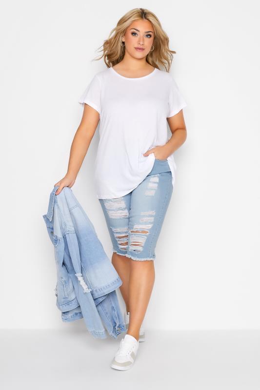 Plus Size Bleach Blue Ripped Denim Stretch Shorts | Yours Clothing 2