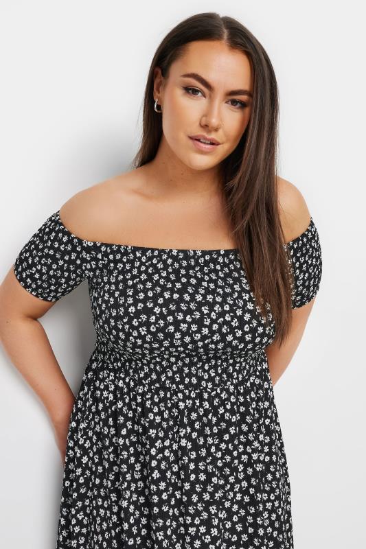 YOURS Plus Size Black Floral Print Bardot Midaxi Dress | Yours Clothing 4