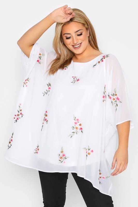  Grande Taille YOURS LONDON Curve White Embroidered Floral Cape Top