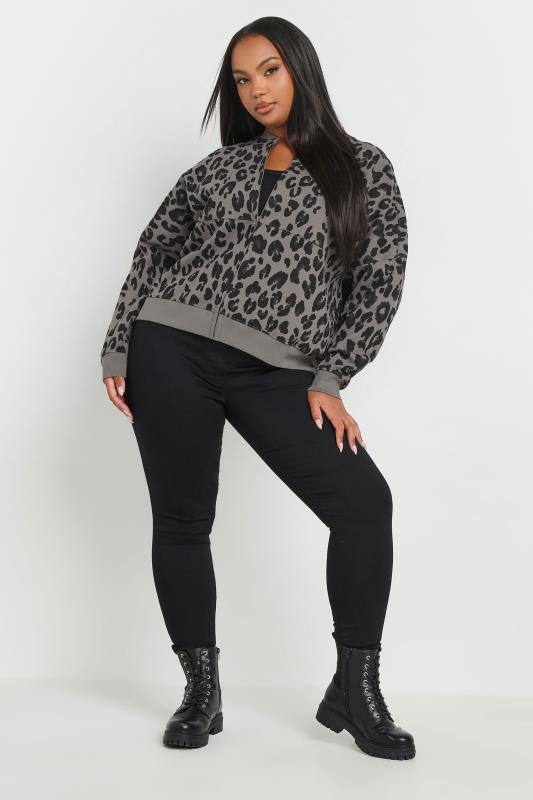 YOURS Plus Size Grey Leopard Print Oversized Sweat Bomber Jacket Yours Clothing