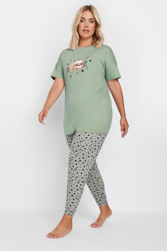 YOURS Plus Size Green Sloth Star Print Cuffed Pyjama Set | Yours Clothing 3