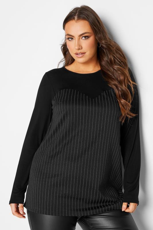 LIMITED COLLECTION Plus Size Black Pinstripe Sweetheart Neck T-Shirt | Yours Clothing 1