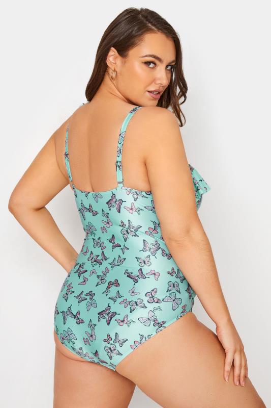 Plus Size Blue Butterfly Print Frill One Shoulder Tummy Control Swimsuit | Yours Clothing 4
