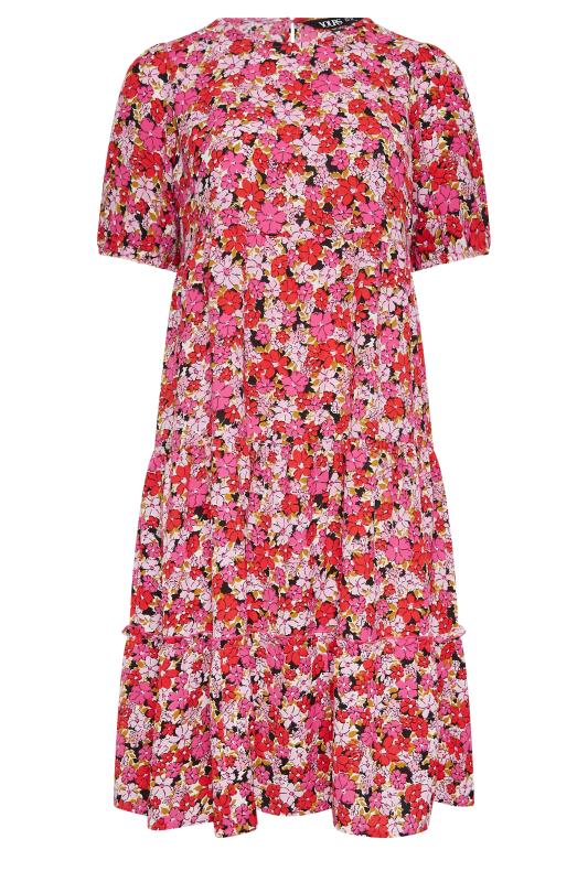 YOURS Curve Plus Size Red Floral Short Sleeve Midi Dress | Yours Clothing