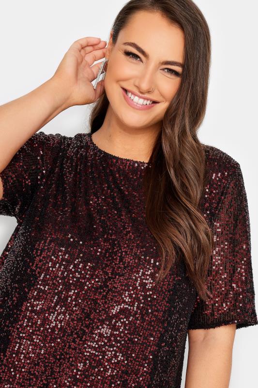 YOURS LONDON Plus Size Burgundy Red Sequin Embellished Swing Top | Yours Clothing 4
