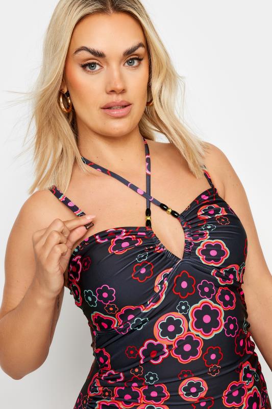 YOURS Plus Size Black & Pink Floral Halter Neck Swimsuit | Yours Clothing 7