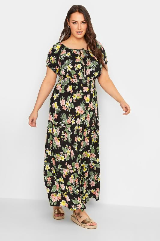 YOURS Curve Plus Size Black Tropical Print Bardot Maxi Dress | Yours Clothing  2