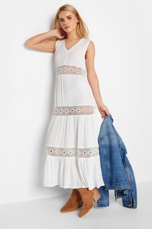 Petite White Crochet Trim Maxi Dress | PixieGirl 1