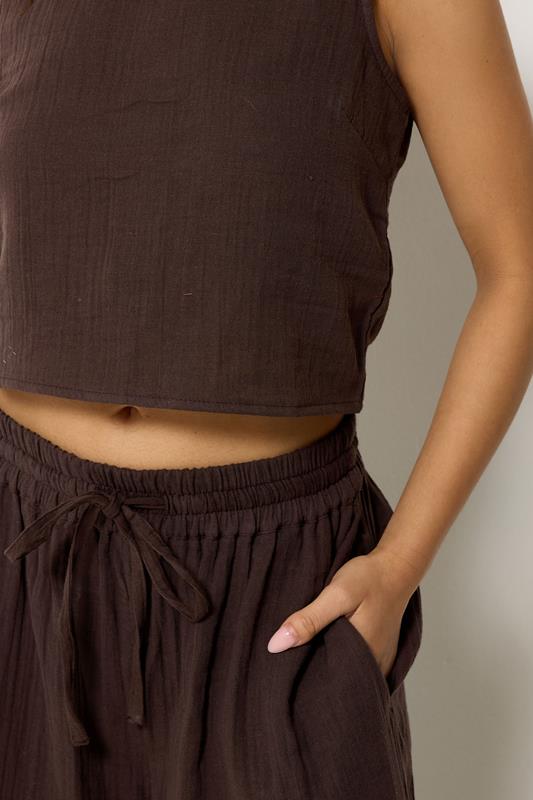 PixieGirl Petite Women's Set Chocolate Brown Cotton Cheesecloth Top & Balloon Trousers | PixieGirl 4