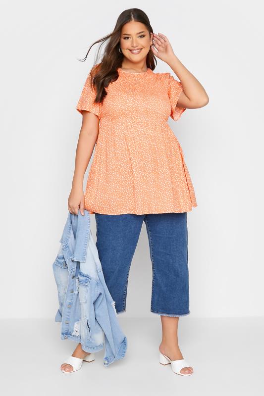 Plus Size Orange Ditsy Floral Shirred Top | Yours Clothing 2