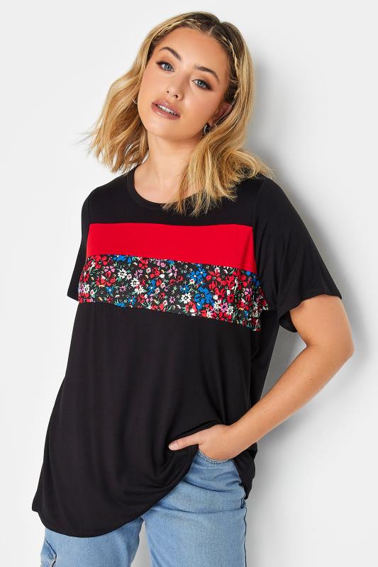 LIMITED COLLECTION Plus Size Curve Black Colourblock Floral Ditsy T-Shirt | Yours Clothing  2