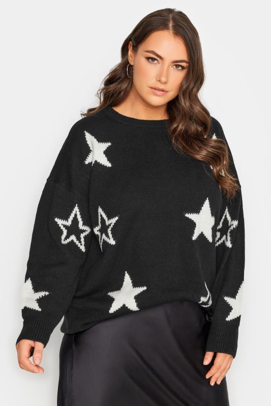 YOURS Plus Size Black Star Print Knitted Jumper | Yours Clothing 1