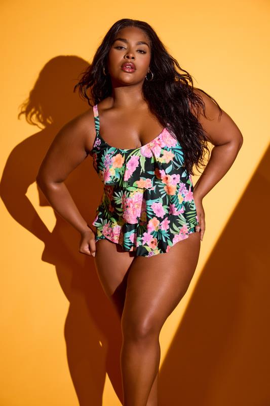  YOURS Curve Black Floral Print Frill Tummy Control Swimsuit
