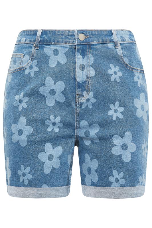 YOURS Plus Size Blue Floral Print Stretch Denim Shorts | Yours Clothing 6
