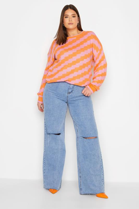 LTS Tall Orange & Pink Zig Zag  Jacquard Knit Jumper | Long Tall Sally  2