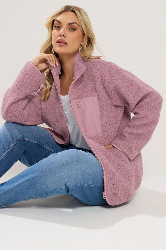 YOURS Plus Size Pink Pocket Teddy Fleece Jacket | Yours Clothing 1