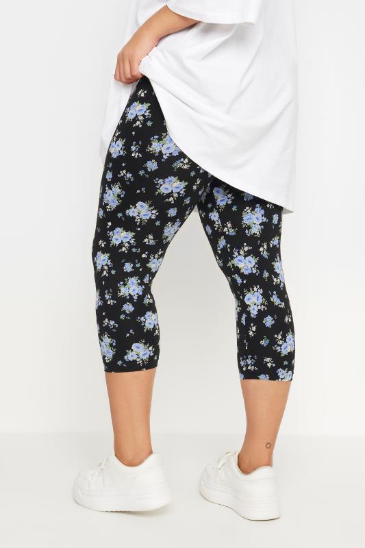 YOURS Plus Size 2 PACK Black & Blue Floral Print Cropped Leggings | Yours Clothing 5