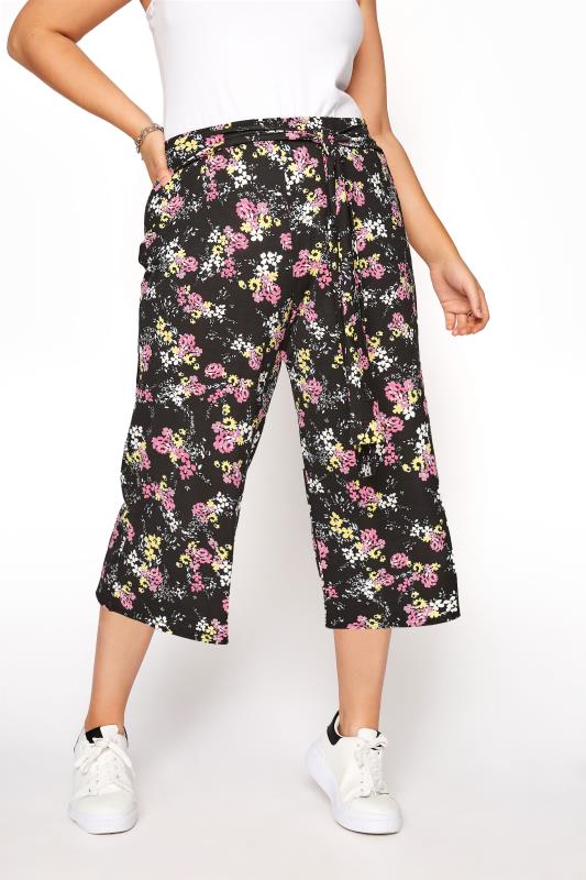 Black Floral Tie Waist Culottes | Yours Clothing