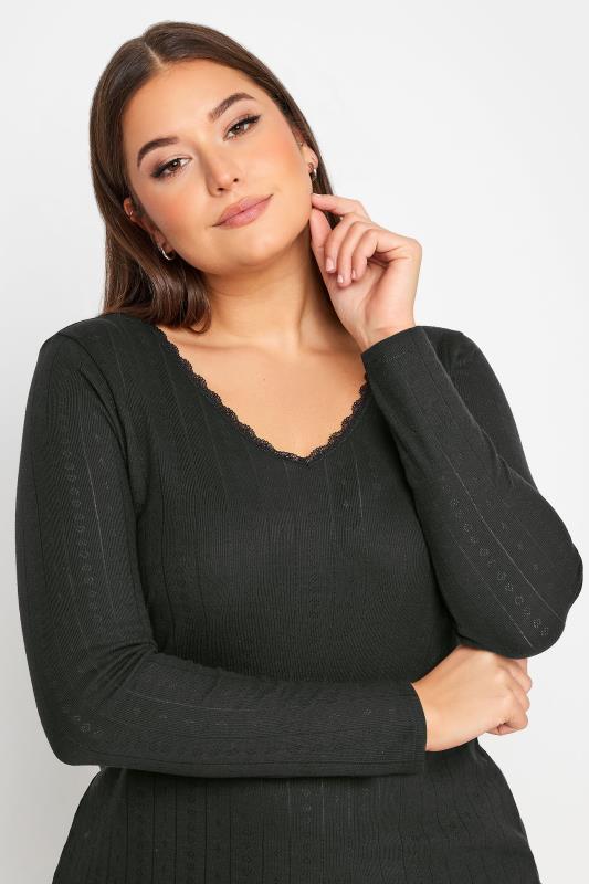 YOURS Plus Size Black Pointelle Thermal Long Sleeve Top | Yours Clothing 4