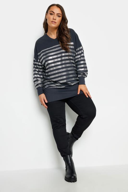 YOURS LUXURY Navy Blue Metallic Wide Stripe Top | Yours Clothing 2