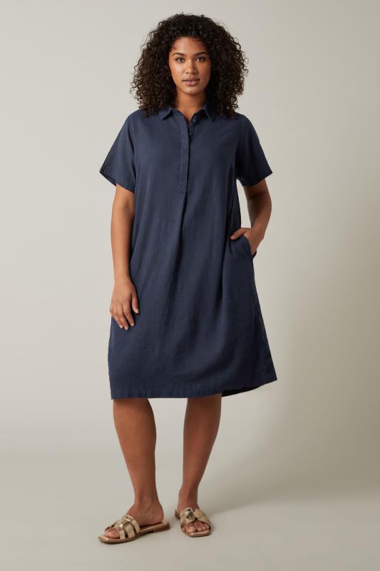 EVANS Plus Size Navy Blue Linen Midi Dress | Evans 1
