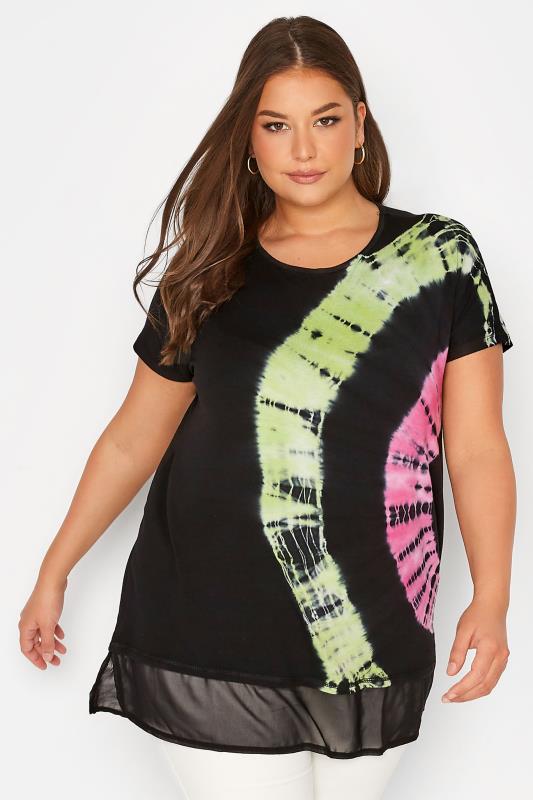 Plus Size Black Tie Dye Grown On Sleeve Top | Yours Clothing 1