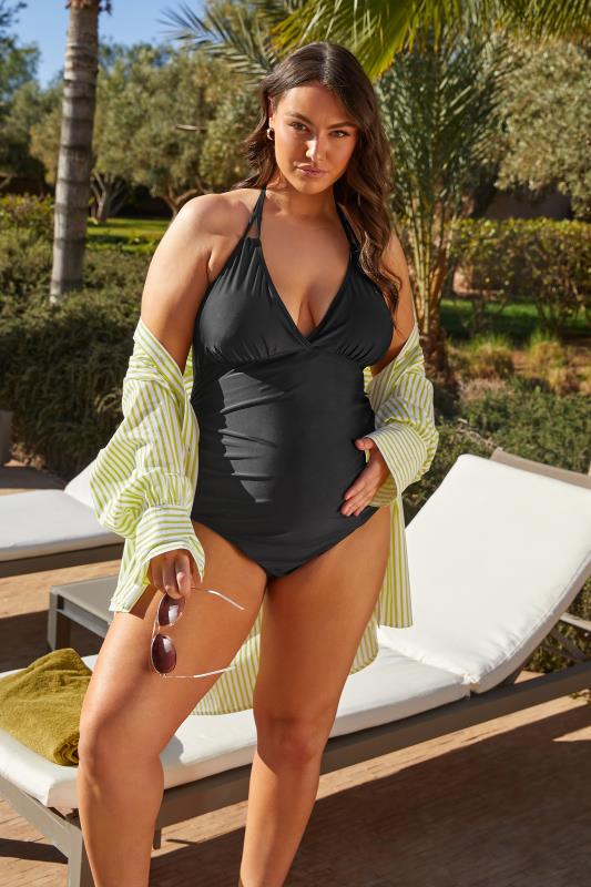 BUMP IT UP MATERNITY Plus Size Black Halterneck Swimsuit | Yours Clothing 1