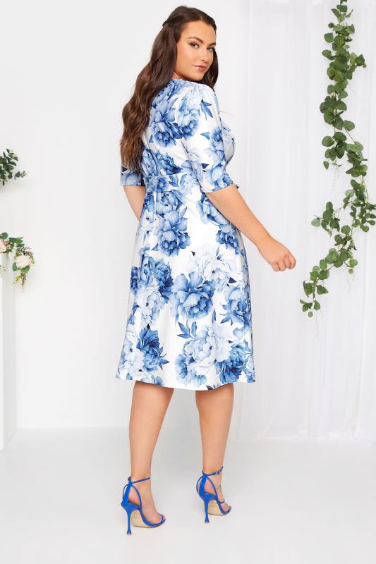 YOURS LONDON Curve Plus Size White & Blue Notch Neck Floral Dress | Yours Clothing 3