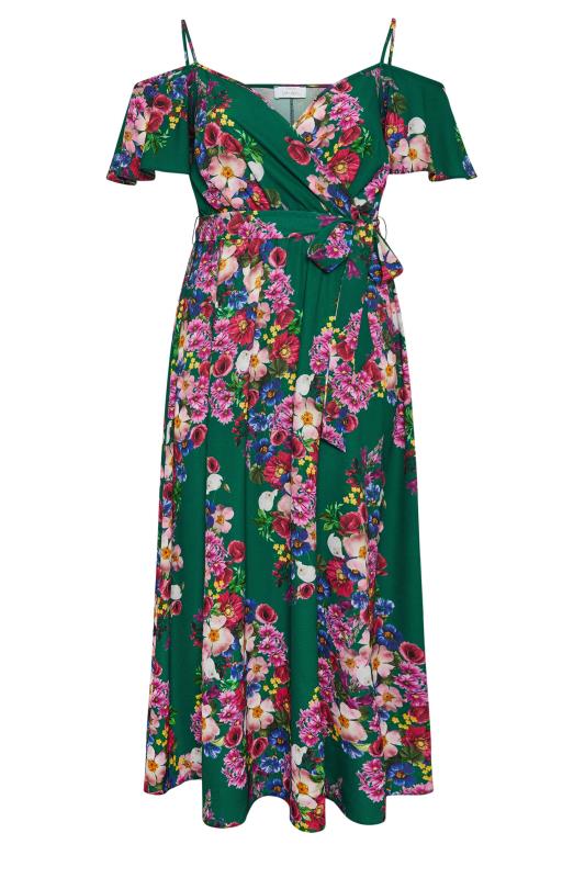 YOURS LONDON Plus Size Green Floral Print Cold Shoulder Wrap Dress | Yours Clothing 1