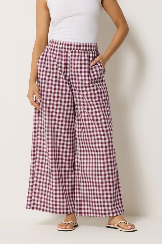 PixieGirl Petite Women's Burgundy Red Gingham Cotton Wide Leg Trousers | PixieGirl 1