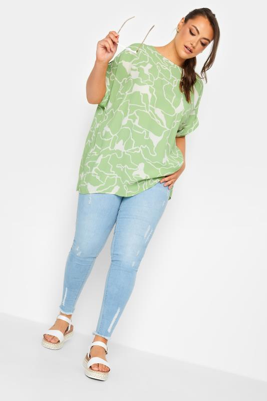 YOURS Plus Size Green Abstract Print Zip Back Oversized Top | Yours Clothing 2