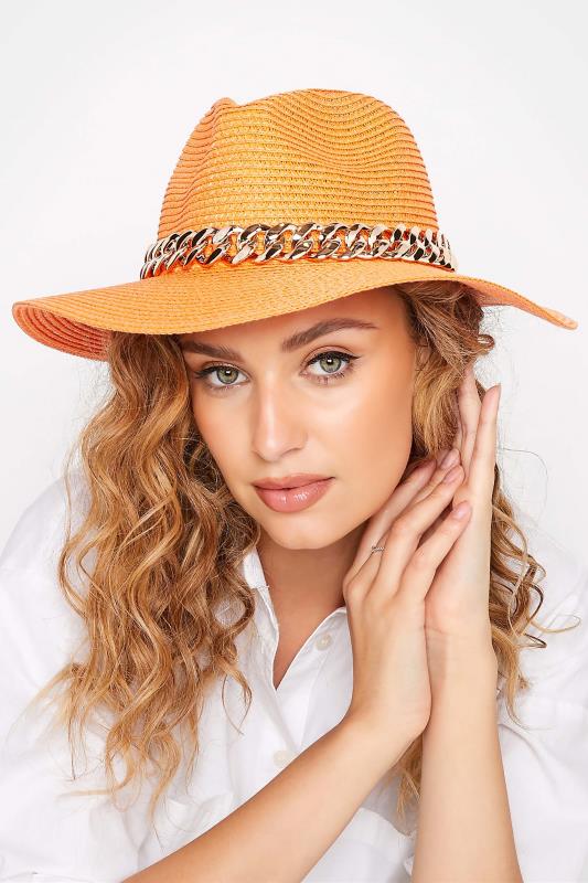 Bright Orange Straw Chain Fedora Hat | Yours Clothing  1