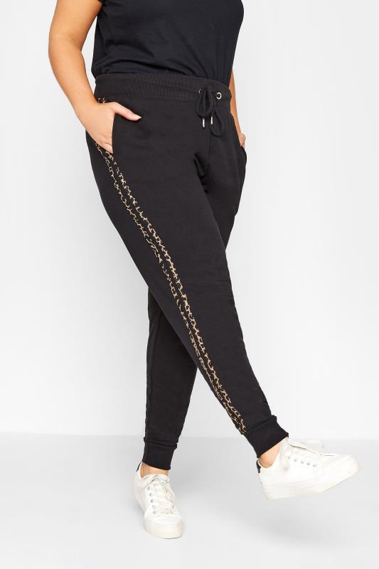 Plus Size Black Leopard Print Stripe Basic Cuff Joggers | Yours Clothing 1
