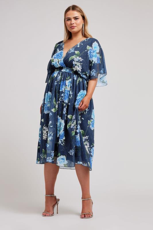YOURS LONDON Plus Size Navy Blue Floral Print Wrap Midi Dress | Yours Clothing 2