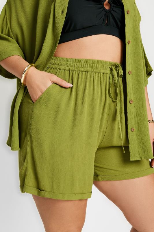 LIMITED COLLECTION Plus Size Olive Green Crinkle Shorts | Yours Clothing 4