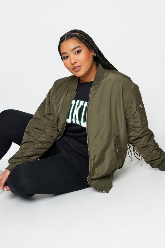 YOURS Plus Size Curve Khaki Green Bomber Jacket | Yours Clothing  4