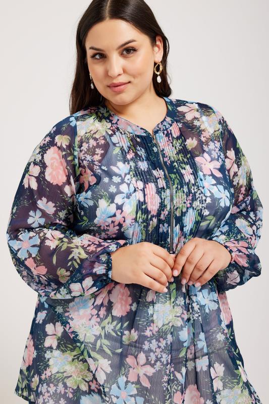 YOURS LONDON Plus Size Navy Blue Floral Print Zip Blouse | Yours Clothing 4